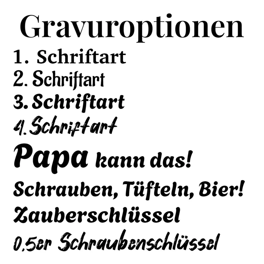 flaschenoeffner-schraubenschluessel-gravuroptionen Gravuroptionen den Flaschenöffner Schraubenschlüssel mit verschiedenen Schriftarten und Texten
