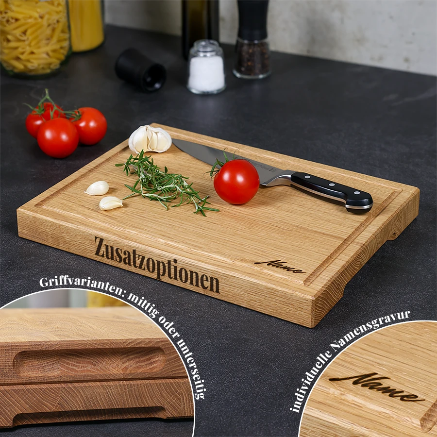 schneidebrett-optionen-gravur-griffmulden Übersicht der Zusatzoptionen für rustikale Schneidebretter: Griffmulden und Gravur