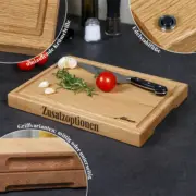 Übersicht der Zusatzoptionen für Schneidebretter: Saftrille, Griffmulden und Edelstahlfüße